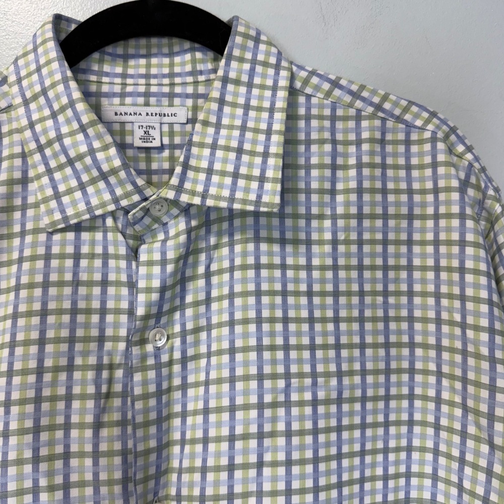 Banana Republic Mens XL Long Sleeve Button Down Shirt Plaid Blue Green White